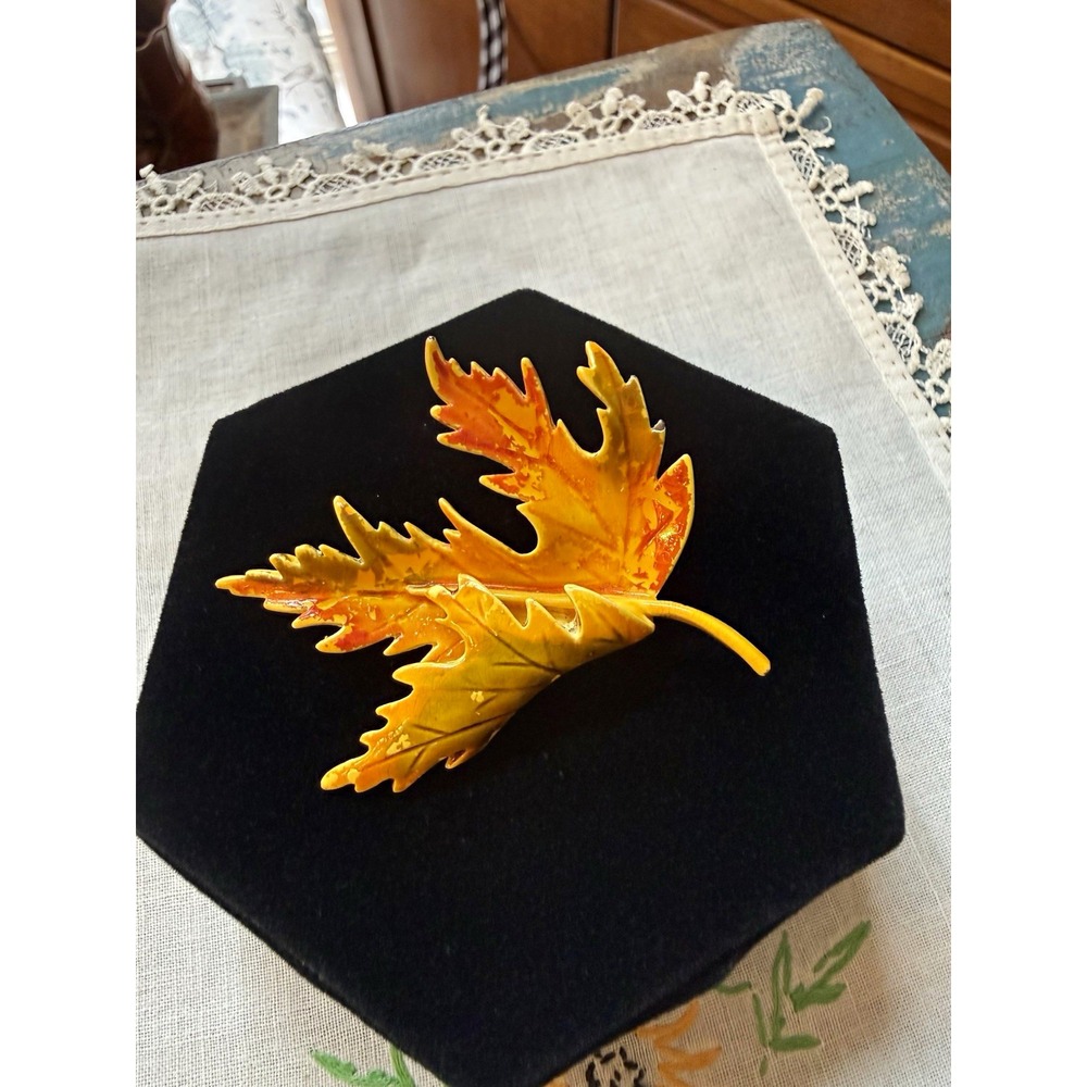 Vintage Gold Tone Enamel Maple Leaf Brooch Pin Orange Yellow Autumn Fall